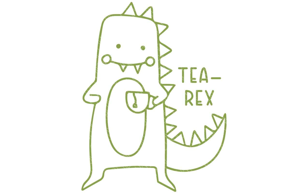 Vector file of a dinosaur holding a cup tea that reads 'Tea-Rex'.