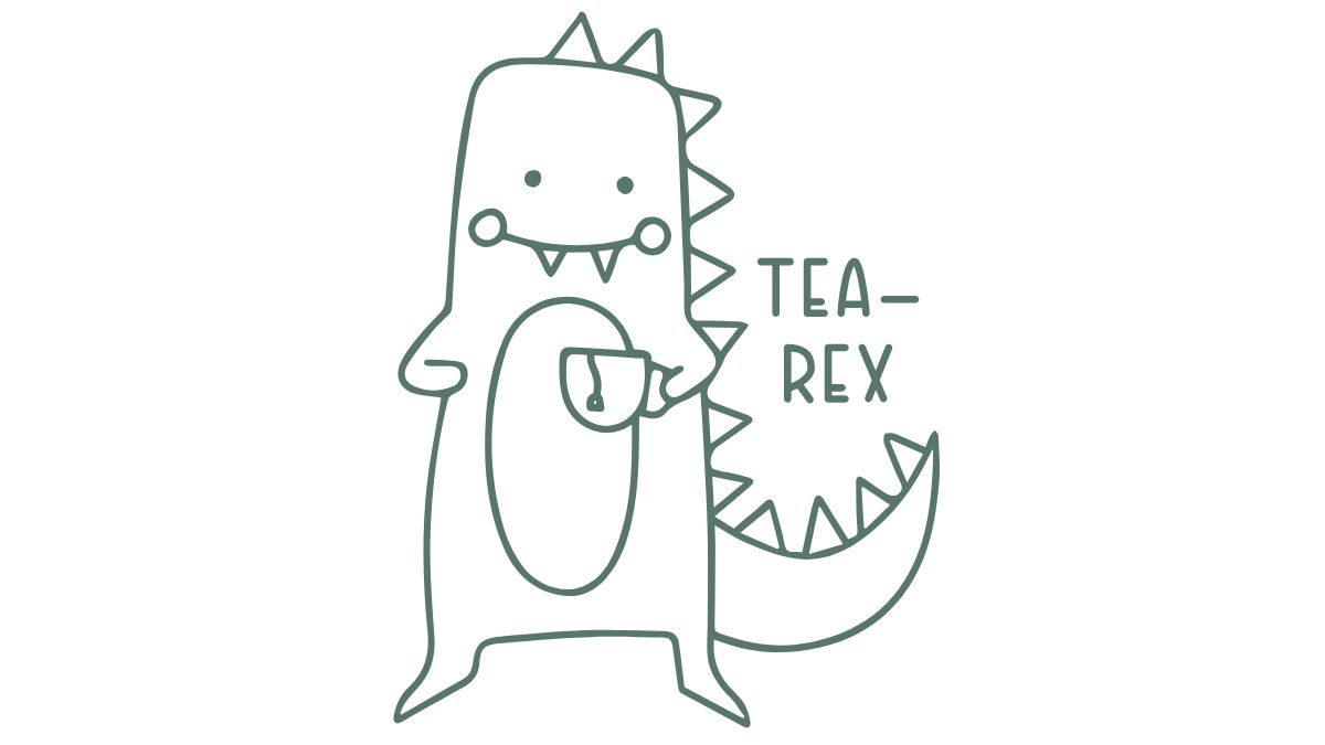 Cute cartoon dinosaur holding a teacup with the words Tea-Rex beside it, shown as a simple line art illustration suitable for an SVG design.