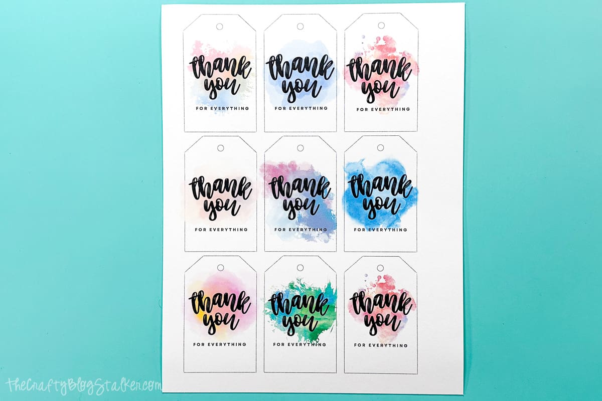 A sheet of printable thank you tags with 9 tag designs that say thank you for everything.