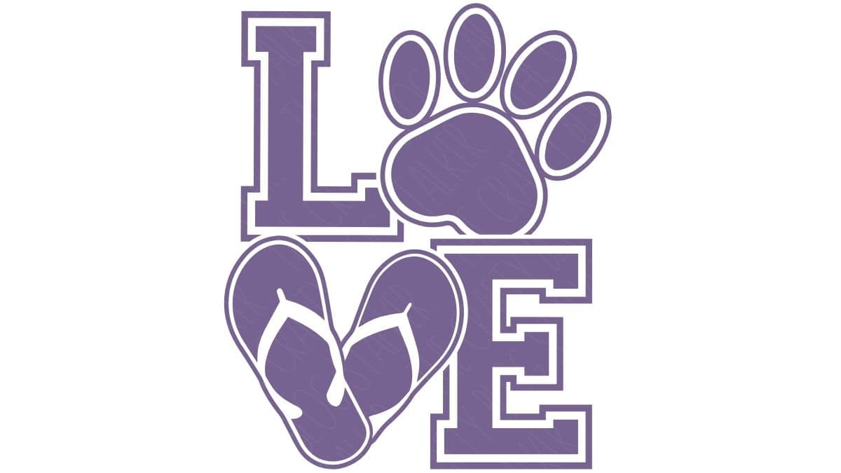 LOVE design with a paw print forming the O and flip-flops inside a heart shape.