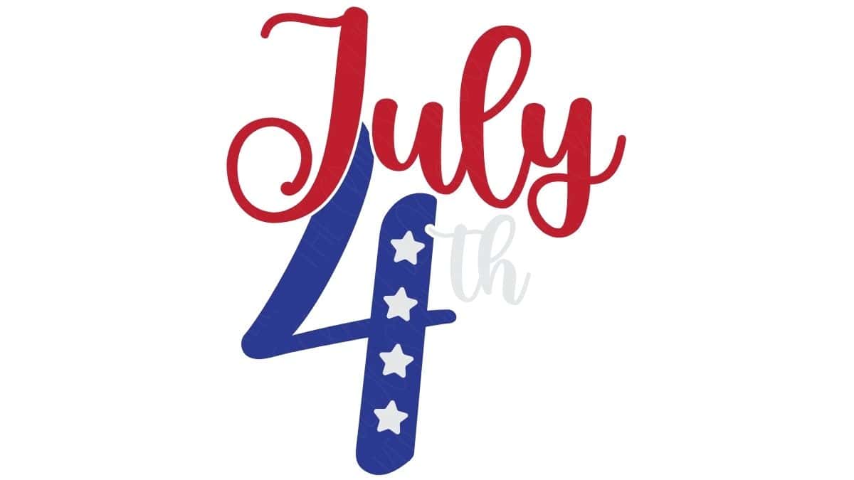 Patriotic July 4th SVG design with red script text, blue number 4 with stars, and gray
