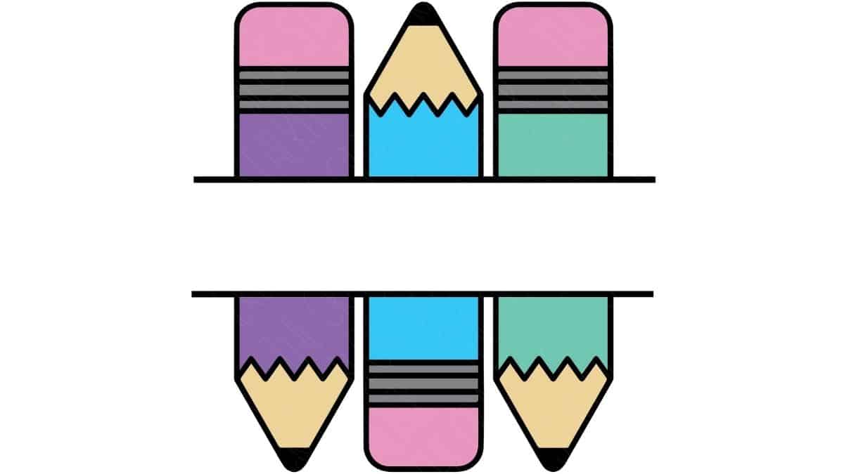 Split pencil and eraser SVG design arranged for a vertical split project, with pencils and erasers mirrored above and below a center space for a name or text.
