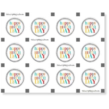 Printable sheet of round birthday gift tags with colorful “happy birthday” text repeated in a grid layout on a white background
