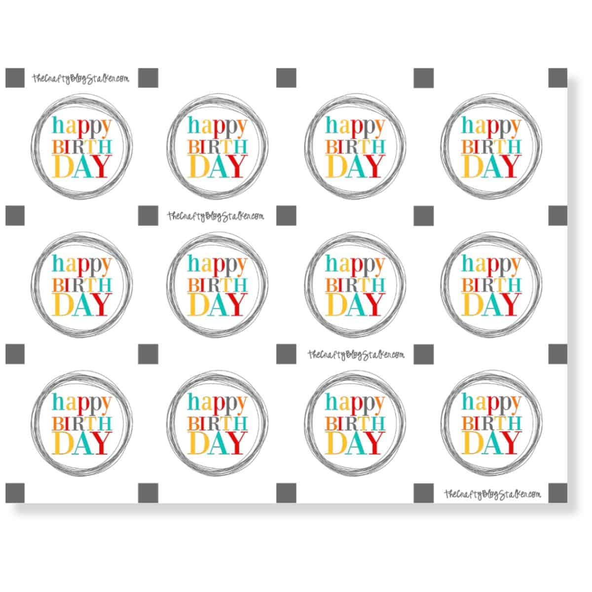 Printable sheet of round birthday gift tags with colorful 