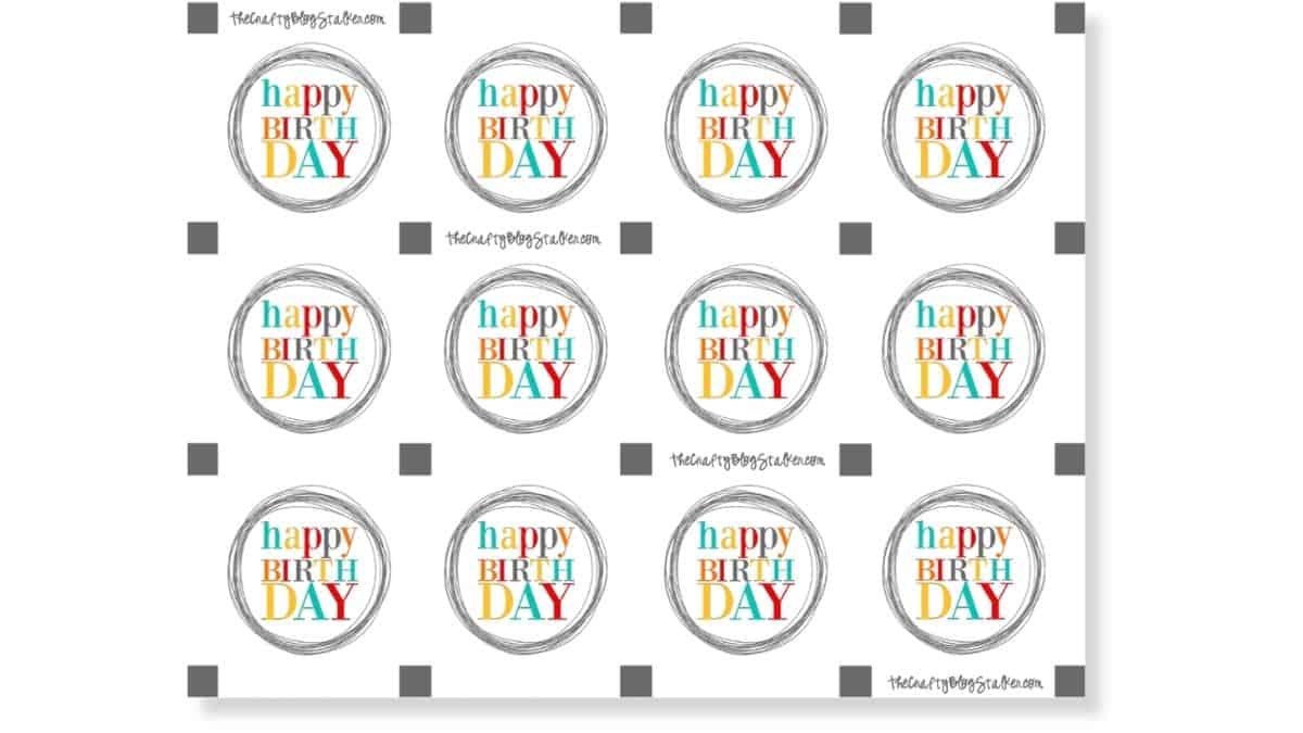 Printable sheet of round birthday gift tags with colorful 