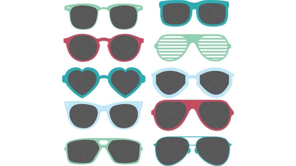 Collection of colorful sunglasses SVG designs in various shapes and styles, including heart, aviator, and retro frames for Cricut or Silhouette projects.
