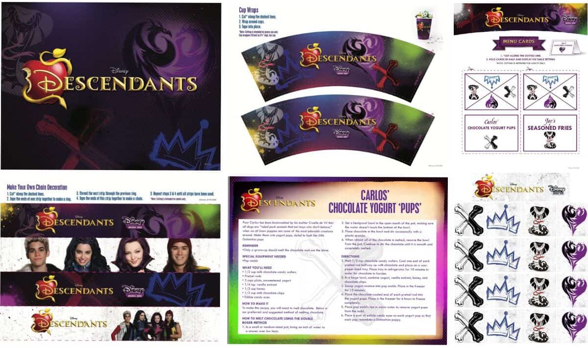 Collage with Disney's Descendants Party Printables.