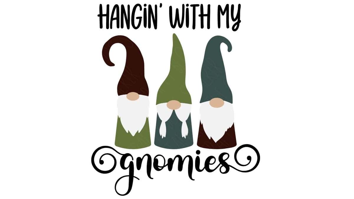 Design with three gnomes and text reading 