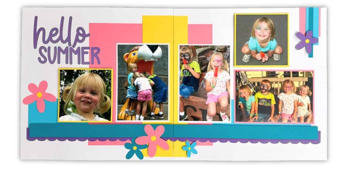 Two-page scrapbook layout with “hello summer” title, bright paper layers, flower accents, and multiple photos of kids playing and smiling outdoors