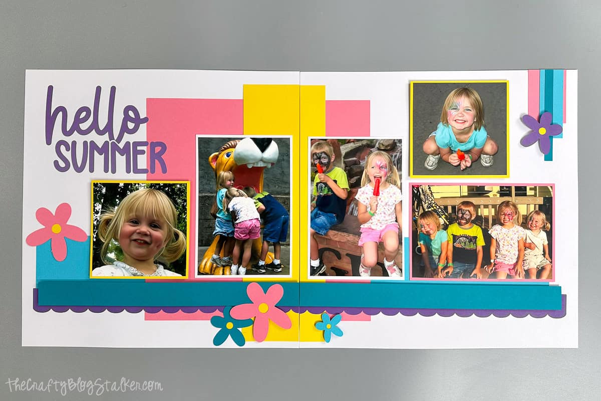 Double sided scrapbook layout with a hello summer theme.