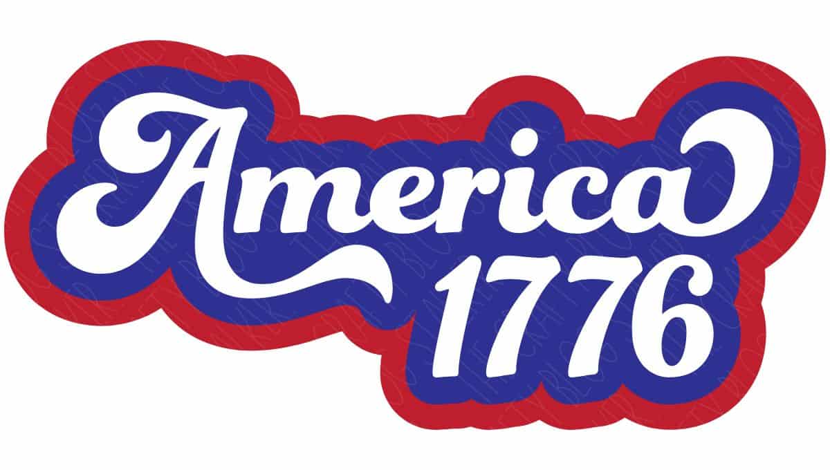 Red, white, and blue 'America 1776' layered SVG cut file featuring bold, patriotic text with a wavy flourish, perfect for crafting Independence Day projects.