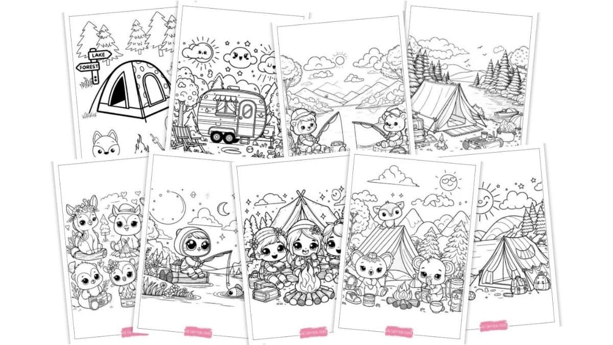 9 printable coloring pages with a camping theme.