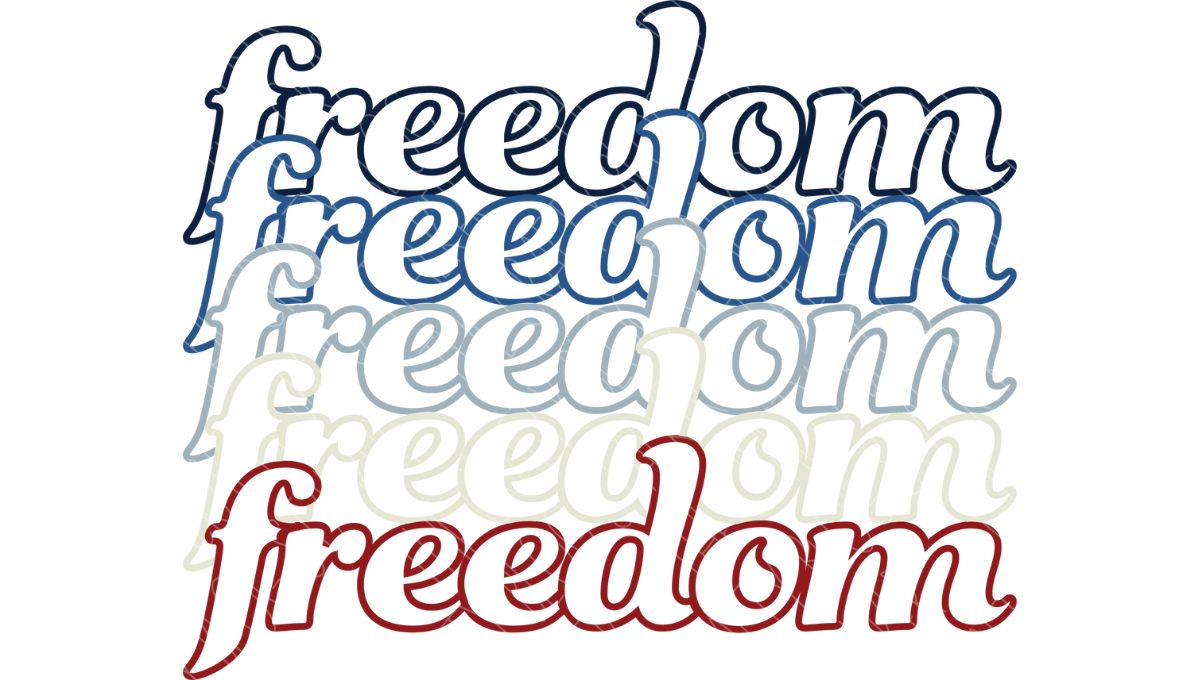 Stylized 'freedom' text layered in red, white, and blue hues, creating a patriotic ombré effect, perfect for Fourth of July or American-themed designs.