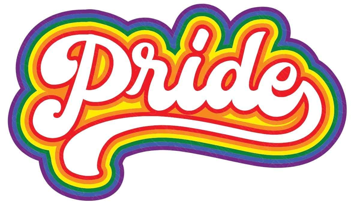 Retro rainbow Pride SVG design with layered colorful outlines and bold script lettering on a light background.