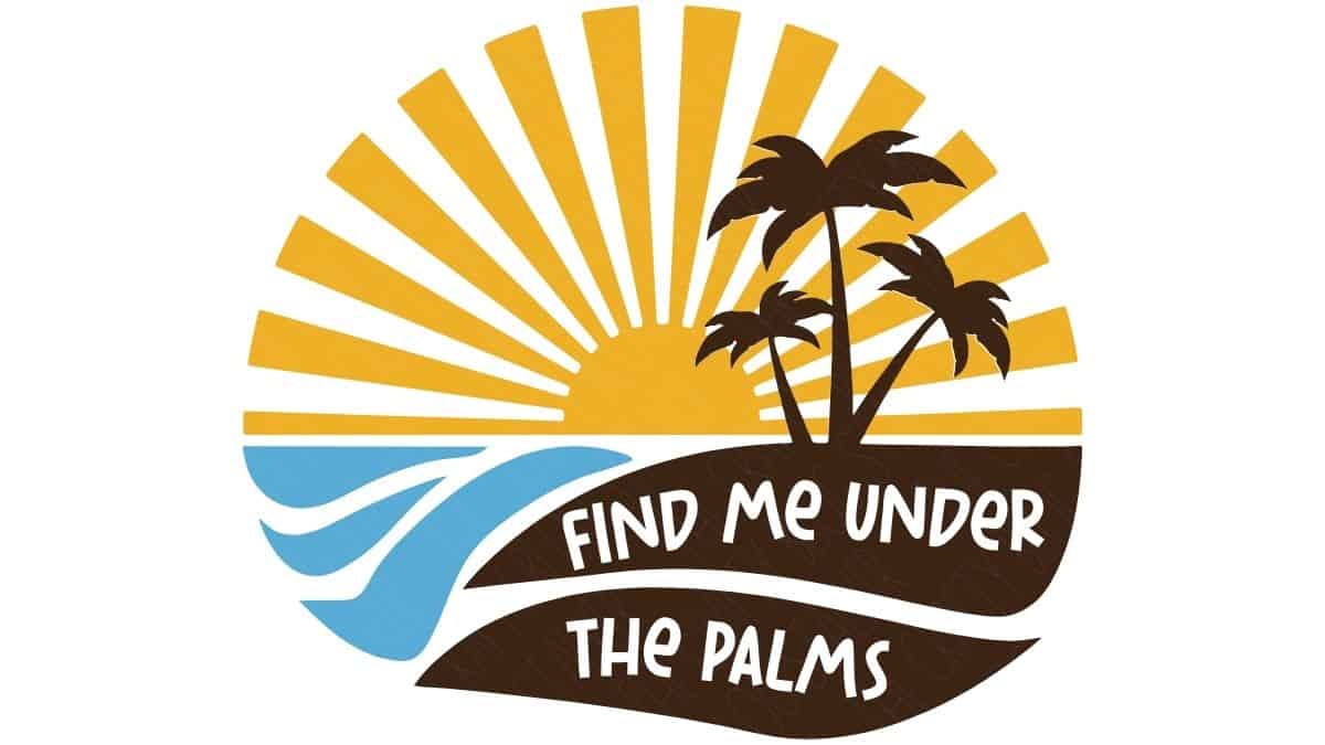 Tropical SVG design featuring palm trees, ocean waves, a sunrise, and the phrase 