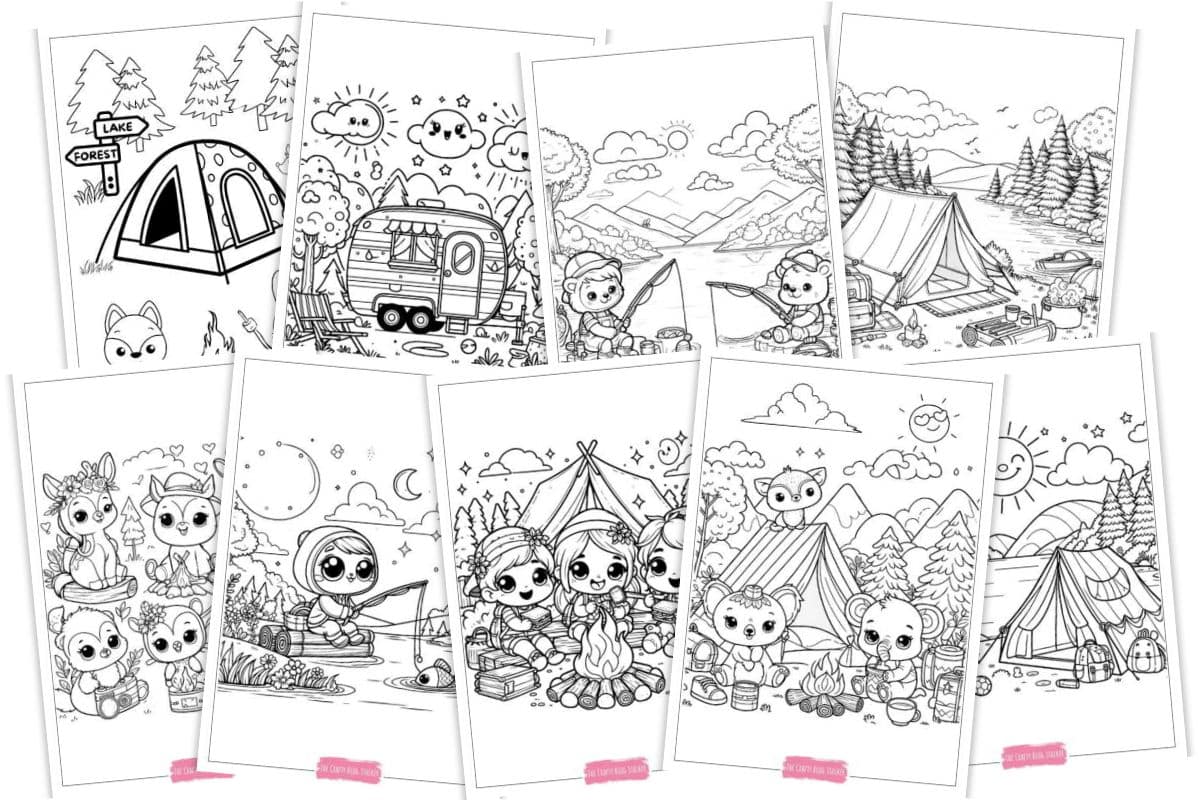 9 printable coloring pages with a camping theme.