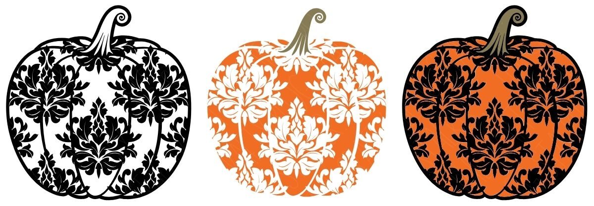 Three pumpkins with ornate damask patterns in black and orange designs, displayed side by side on a white background.