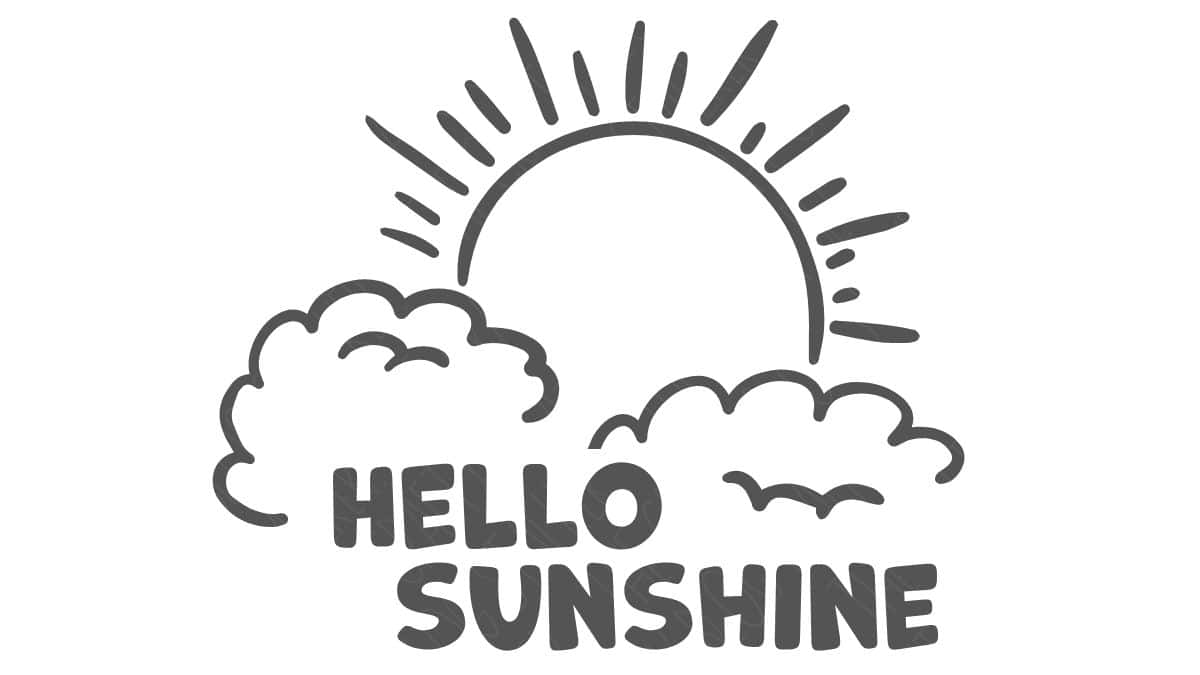 Black and white graphic of a rising sun with rays shining above clouds and the text 