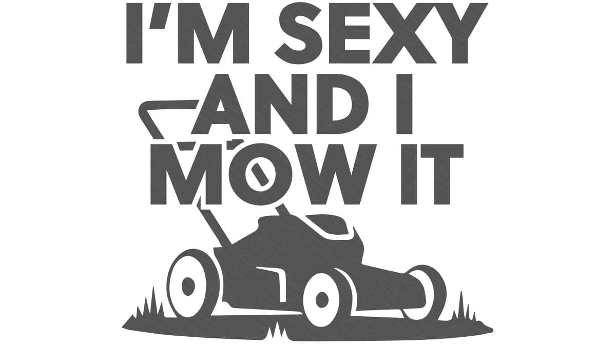 Black-and-white SVG design featuring a lawn mower and the phrase 