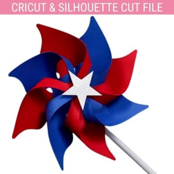 Red and blue paper pinwheel with a white glitter star center, attached to a white stick, made as a patriotic Cricut and Silhouette cut file craft.
