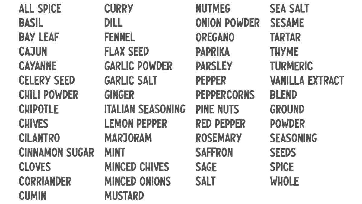 SVG spice label cut file featuring spice and seasoning names including basil, oregano, paprika, rosemary, garlic powder, sea salt, and cinnamon sugar.