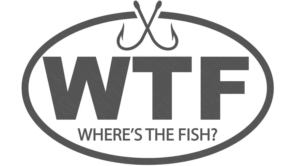 SVG fishing design featuring crossed fish hooks above the letters