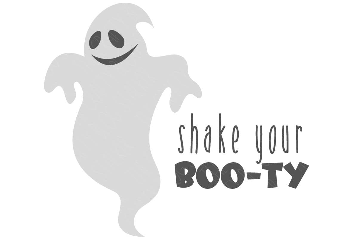 SVG design of a smiling ghost beside the phrase Shake Your Boo-ty in playful lettering, perfect for Halloween shirts and decorations.