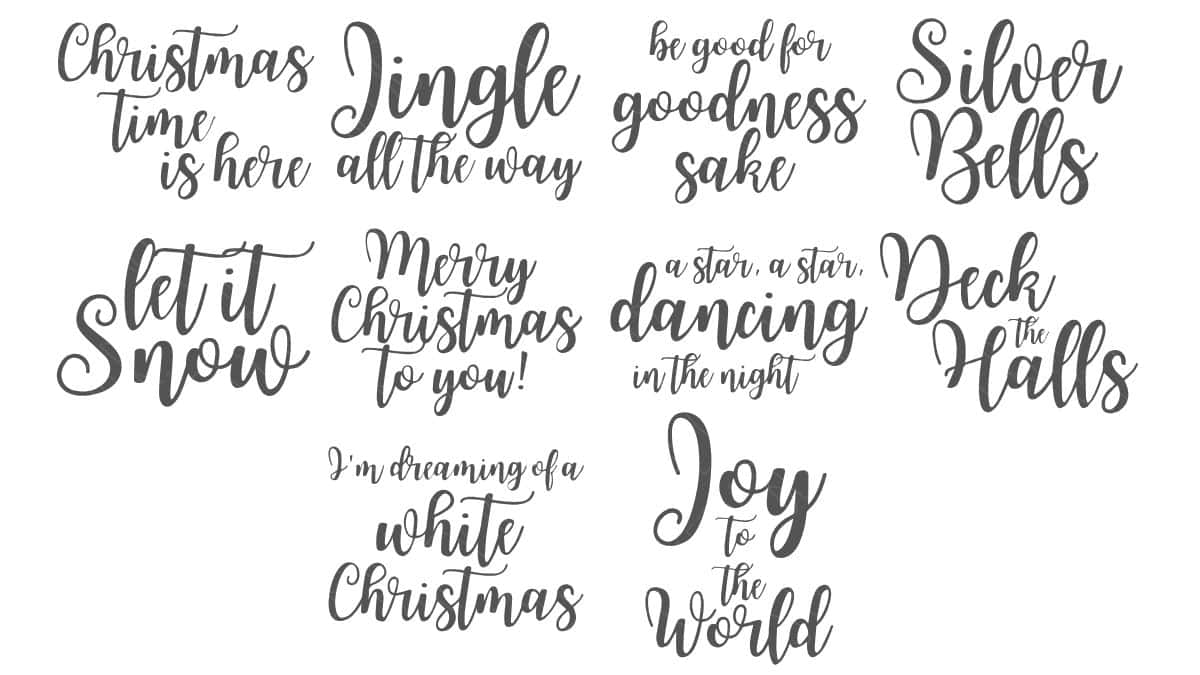 A collection of festive holiday phrase designs featuring script lettering with sayings like