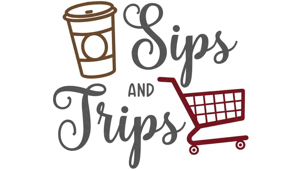 SVG design with a brown coffee cup, red shopping cart, and the phrase "Sips and Trips" in script font, with "and" in smaller block letters.