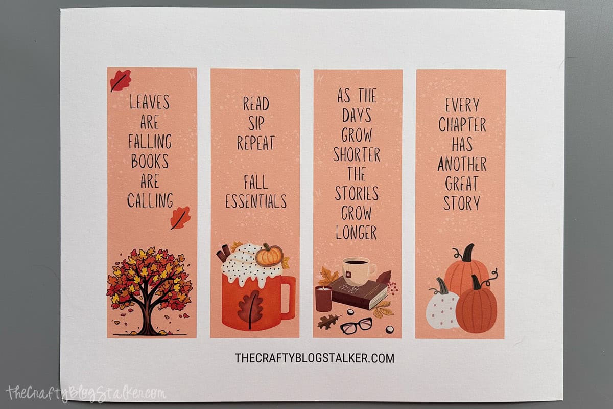 A printed sheet with 4 fall-themed bookmarks.