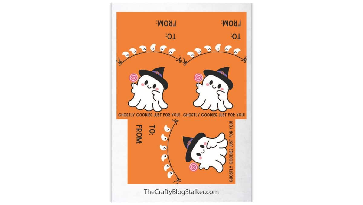 A printable PDF of Ghostly Goodies Halloween Bag Toppers.