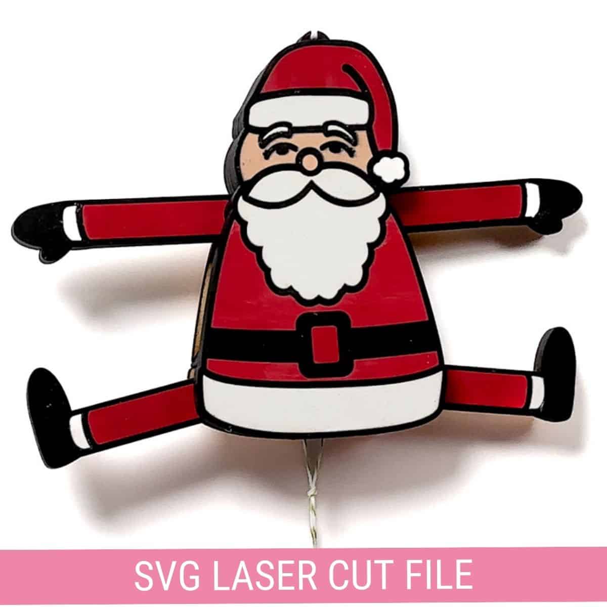 Santa pull string ornament created with a laser-cut SVG file, featuring a classic red suit, white beard, and festive details for a holiday DIY project.