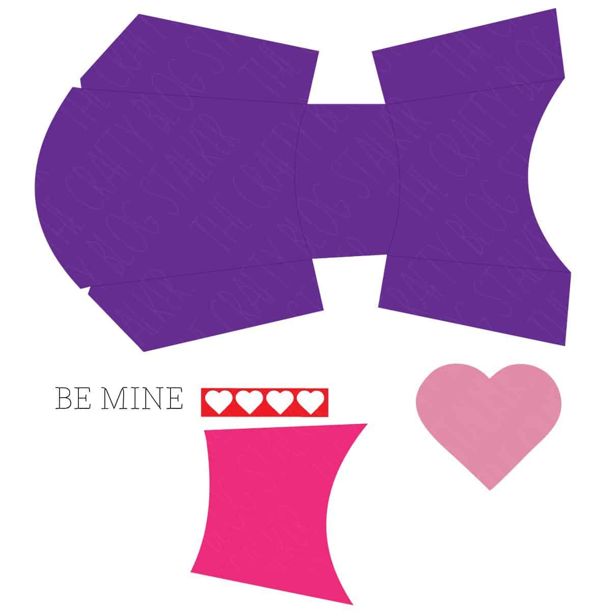 A Valentine’s Day fry box SVG template featuring purple box cutouts, a pink heart, a pink band with white hearts, and the phrase "Be Mine" for crafting projects.