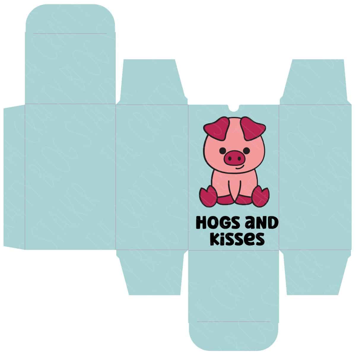 Square template for a treat box featuring a cute pig illustration and the text 'Hogs and Kisses' on a light blue background, ready for assembly.