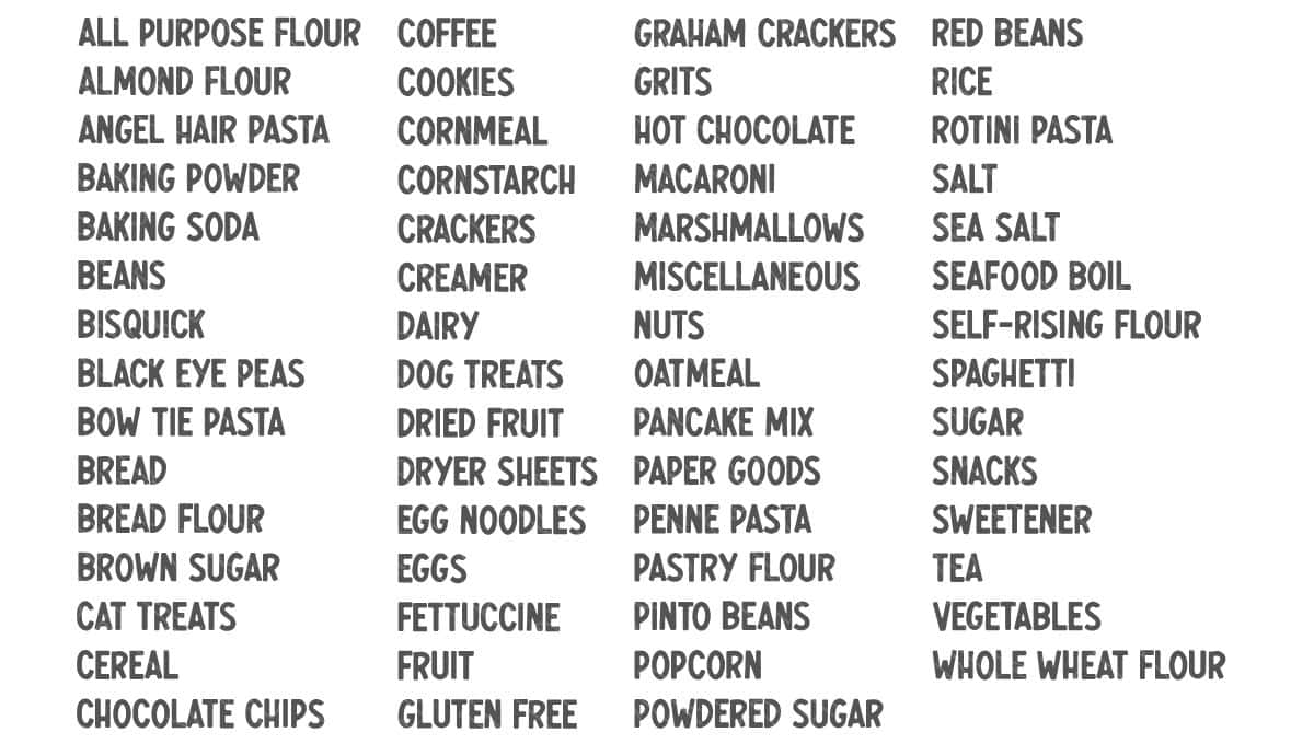 List of pantry labels featuring various food and kitchen items like flour, pasta, snacks, coffee, sugar, and spices, displayed in bold uppercase text.