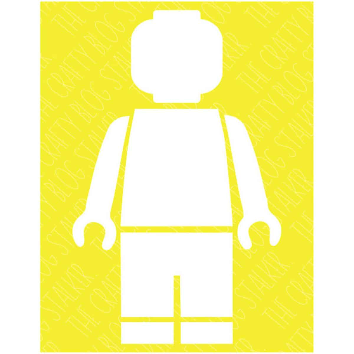 Yellow LEGO silhouette design, featuring a white cutout of a classic LEGO figure, perfect for crafting projects using a layered SVG cut file.