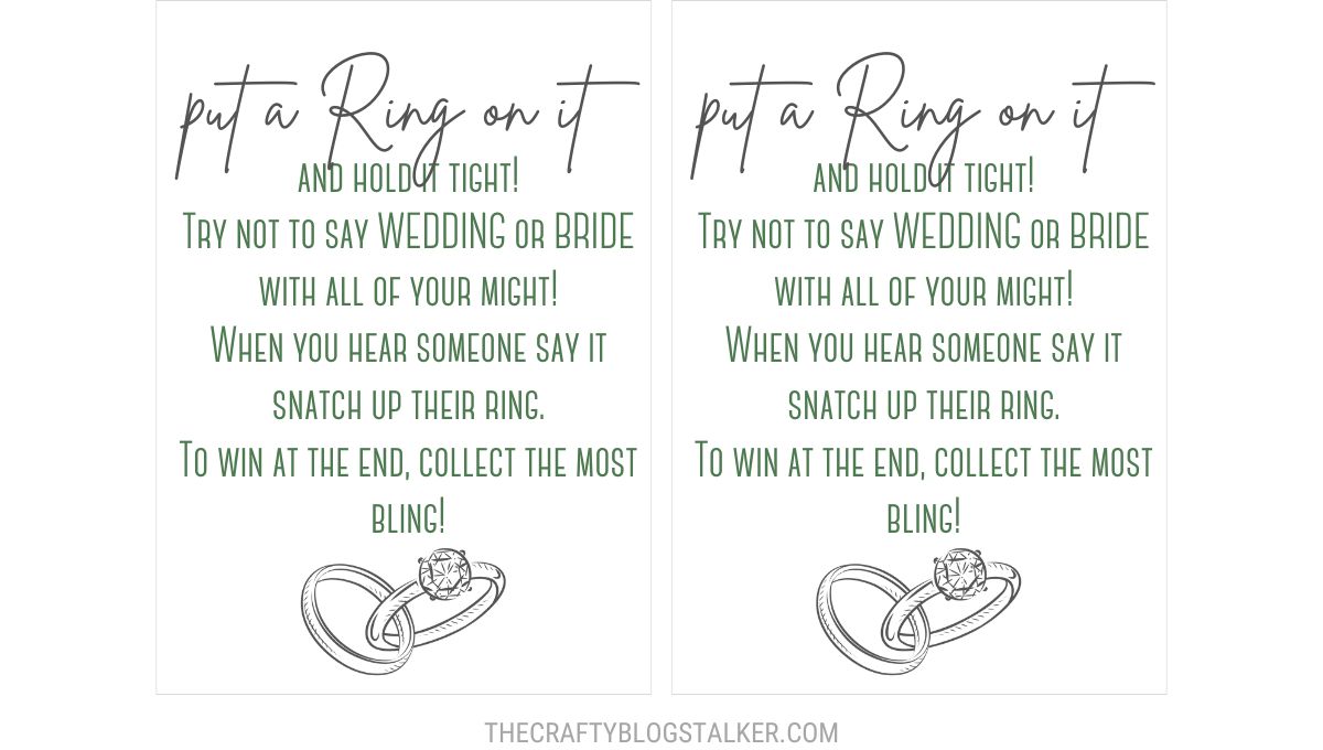 Bridal shower game card titled "Put a Ring on It," instructing players to avoid saying "wedding" or "bride" while collecting rings from others to win.