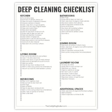 Deep cleaning checklist with categorized tasks for kitchen, bathrooms, living room, dining room, bedrooms, laundry room, and additional spaces.