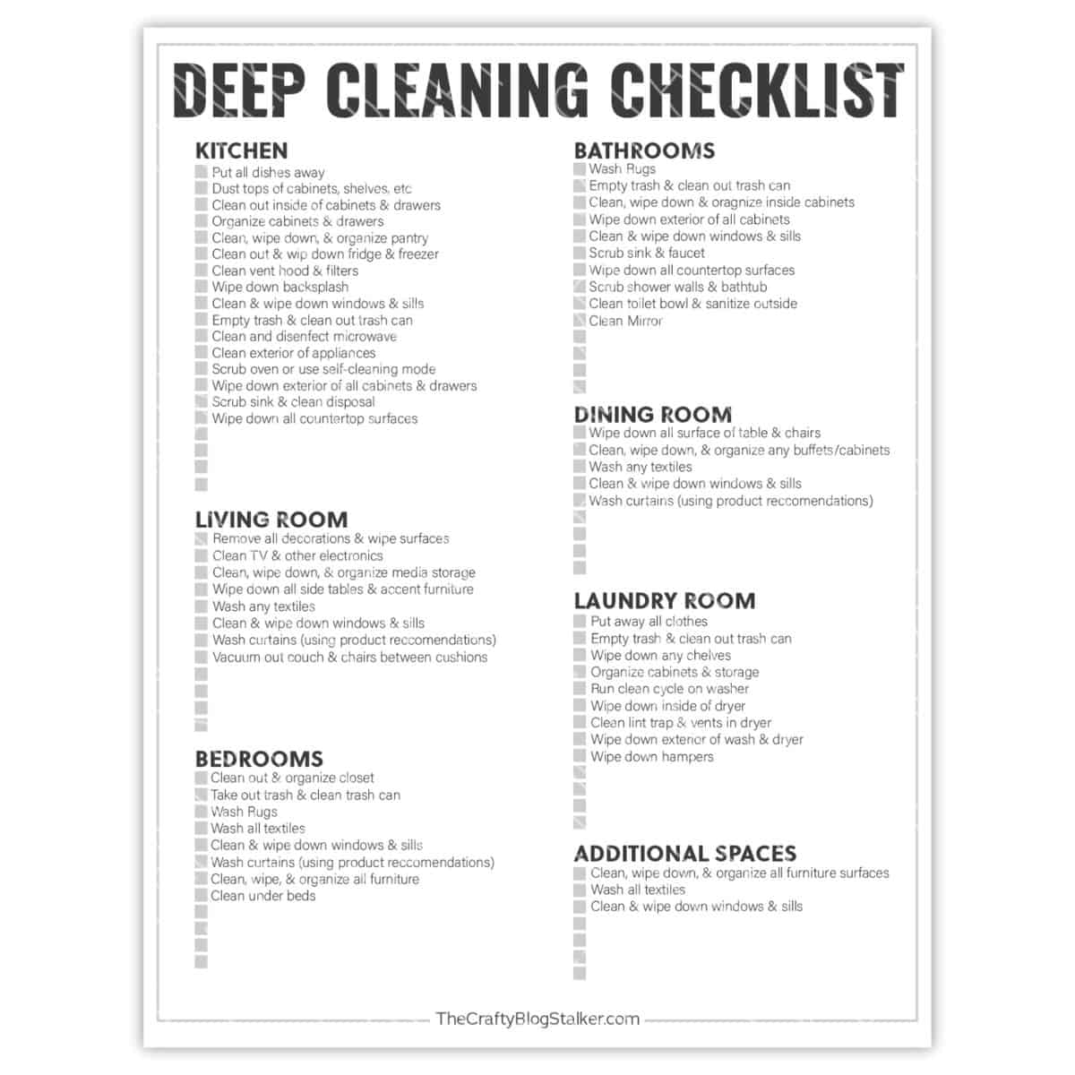 Deep cleaning checklist with categorized tasks for kitchen, bathrooms, living room, dining room, bedrooms, laundry room, and additional spaces.