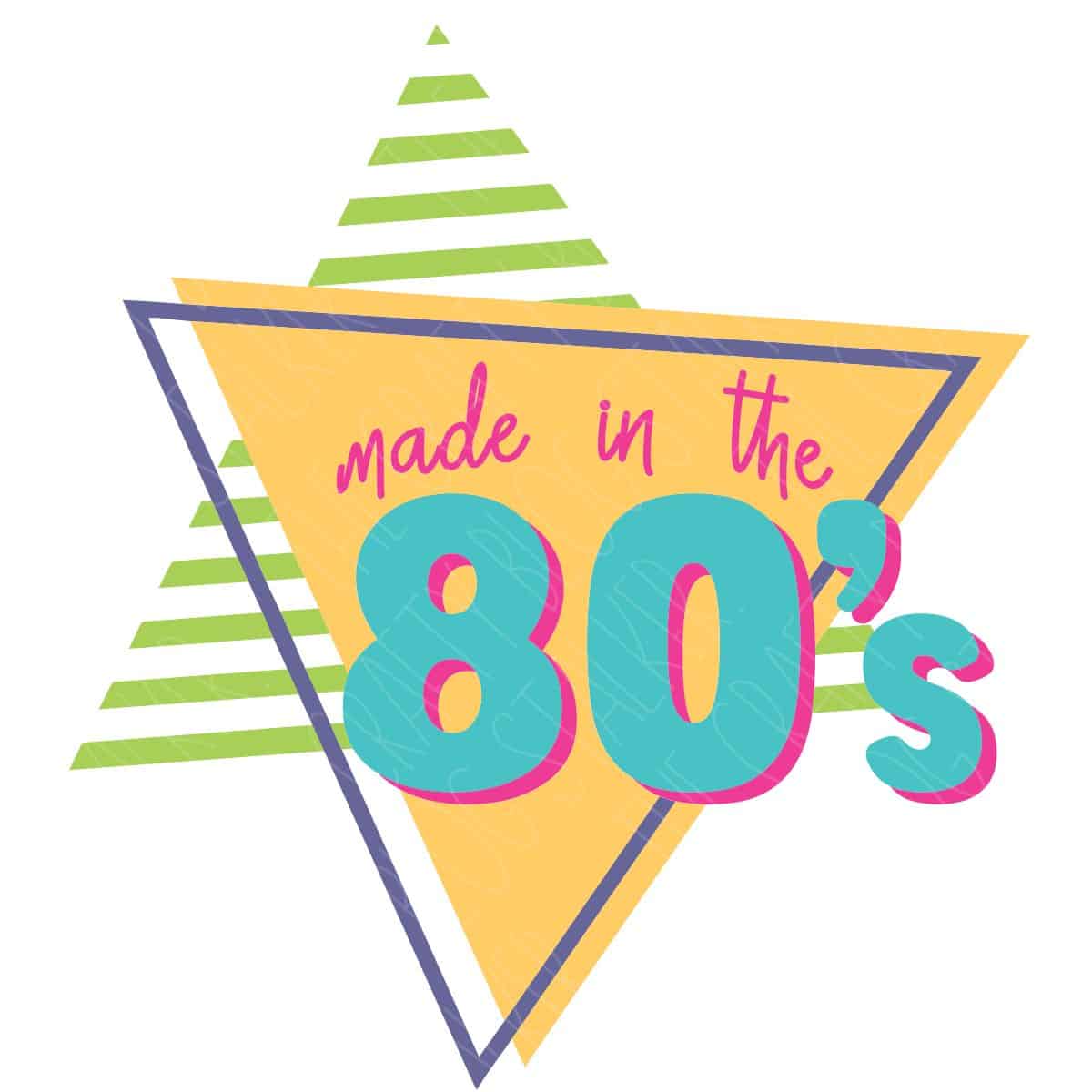 Retro "Made in the 80's" design with bold, colorful text and geometric shapes in yellow, green, pink, and blue on a white background.