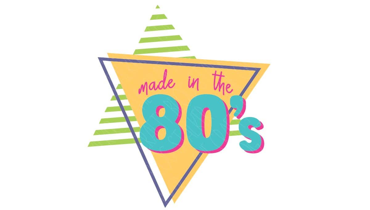 Retro "Made in the 80's" design with bold, colorful text and geometric shapes in yellow, green, pink, and blue on a white background.