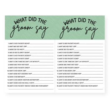 Bridal shower game card titled "What Did the Groom Say" with 15 questions about the bride's favorites, memories, and personality traits.