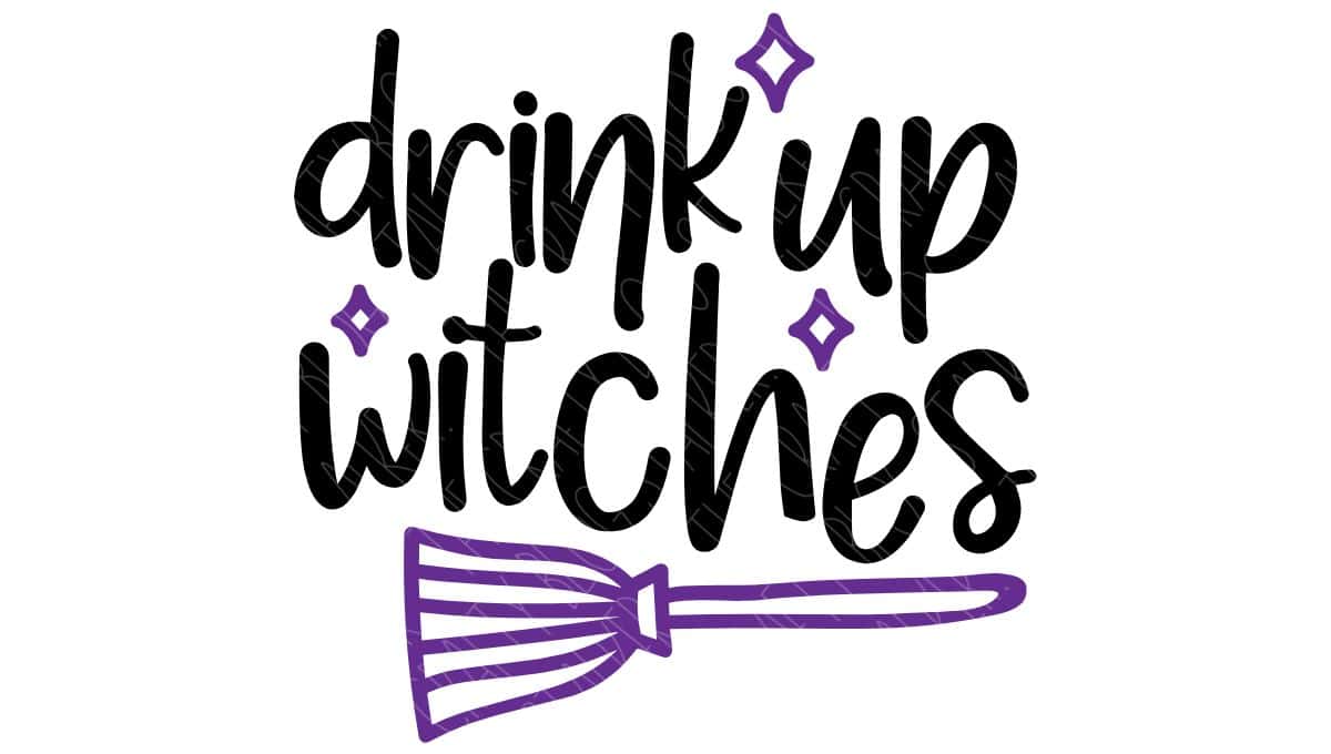 Playful Halloween SVG design with the phrase "drink up witches" in black text, accented by purple sparkles and a broom illustration underneath.