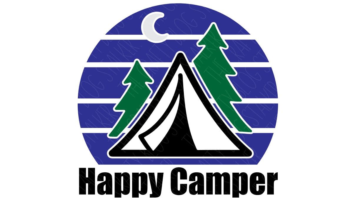 Colorful camping-themed graphic featuring a tent, pine trees, a crescent moon, and the phrase "Happy Camper" in bold black letters, perfect for outdoor lovers.