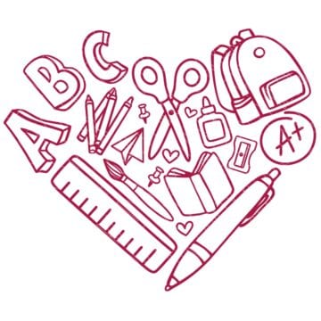 Heart-shaped arrangement of school supplies including letters, scissors, backpack, pencils, ruler, pen, book, glue, and other classroom items in line art.
