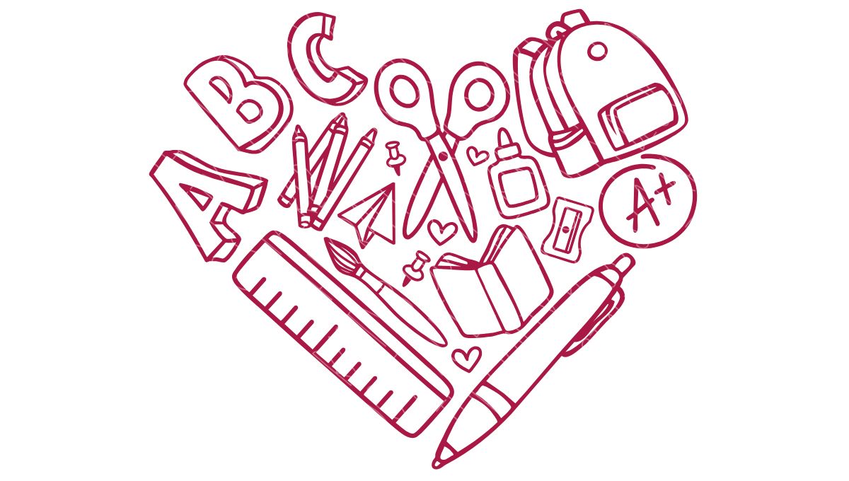School-themed heart-shaped SVG design featuring pencils, scissors, ruler, glue, backpack, and other supplies in a hand-drawn red outline style.