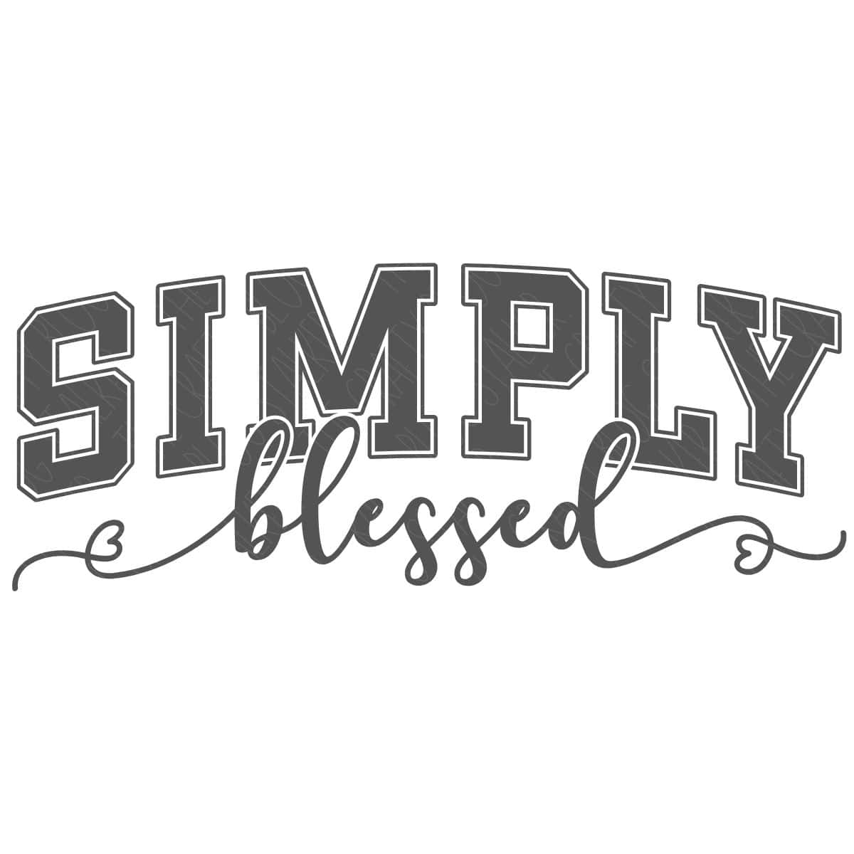Typography design featuring the phrase "SIMPLY blessed" in bold varsity-style and cursive fonts, with heart-accented swirls on a white background.