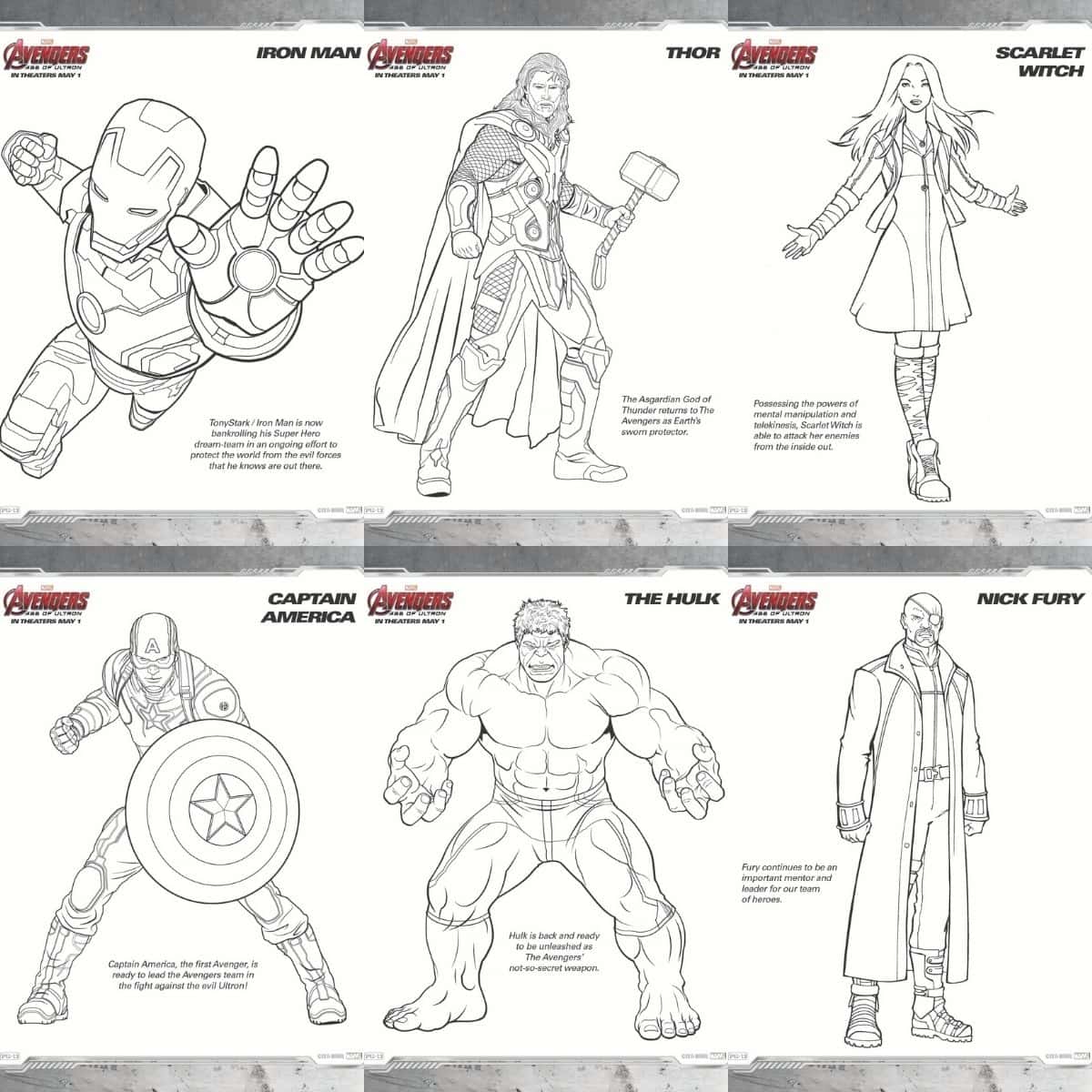 Set of Avengers coloring pages featuring Iron Man, Thor, Scarlet Witch, Captain America, The Hulk, and Nick Fury with character names and brief descriptions.