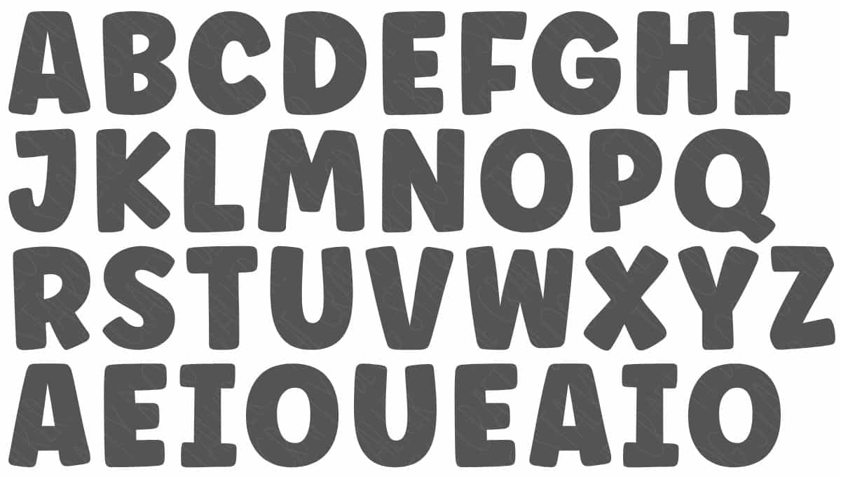 Bold, playful black alphabet letters A–Z with repeated vowels shown in uppercase, displayed on a white background for crafting or laser cutting use.