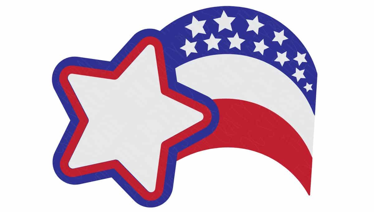 Patriotic shooting star graphic with red, white, and blue colors, featuring a large outlined star and trailing stripes with smaller white stars on a blue background.